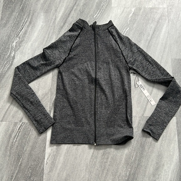 Fitted black & grey marl zip up athletic spandex jacket Large thumbholes - Picture 12 of 12